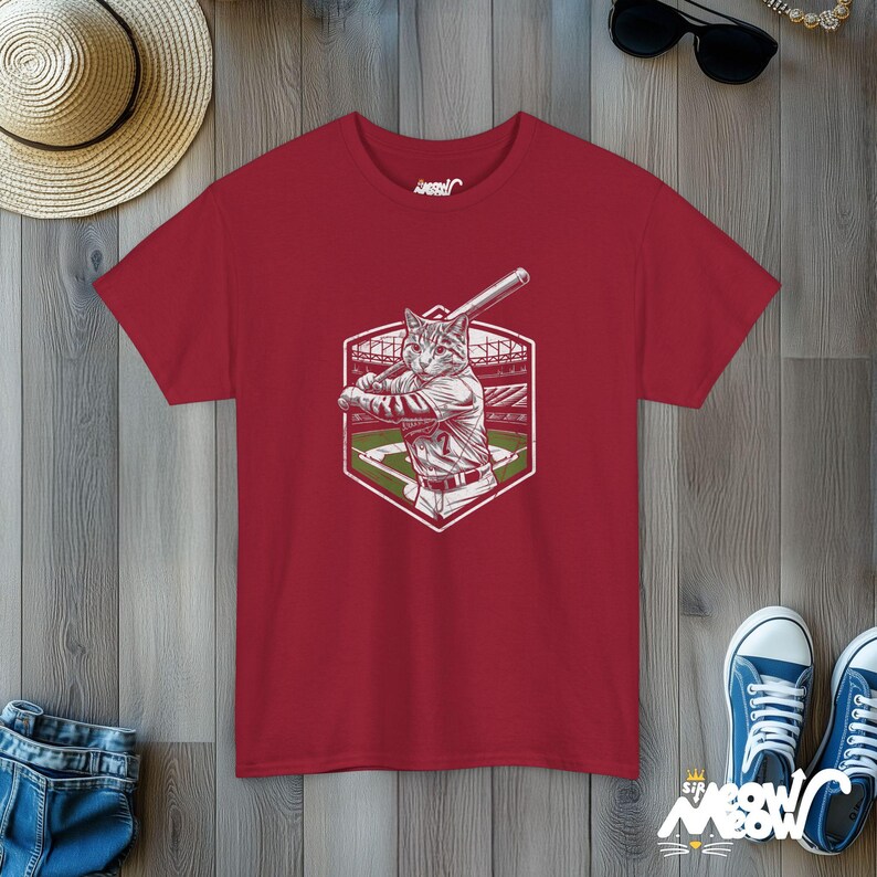 Funny Softball Cat Graphic T-Shirt: Quirky Sports Apparel Cardinal Red