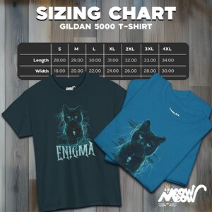 May include: A sizing chart for Gildan 5000 T-shirts, showing measurements in inches for length and width. The chart includes sizes S through 4XL. The image also shows two t-shirts with a black cat graphic and the word "ENIGMA" printed on the front.