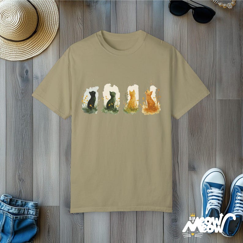 Watercolor Four Seasons Cat T-Shirt - Comfort Colors Unisex Tee Khaki