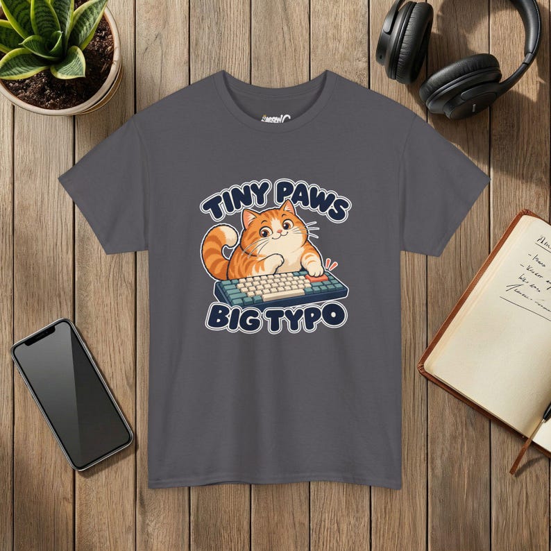 Tiny Paws Big Typo Cat T-Shirt, Keyboard Cat, Gildan 5000 Charcoal