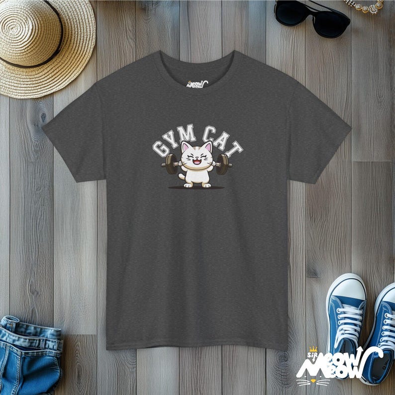 Gym Cat T-Shirt: Workout Feline Tee for Fitness & Cat Lovers Dark Heather