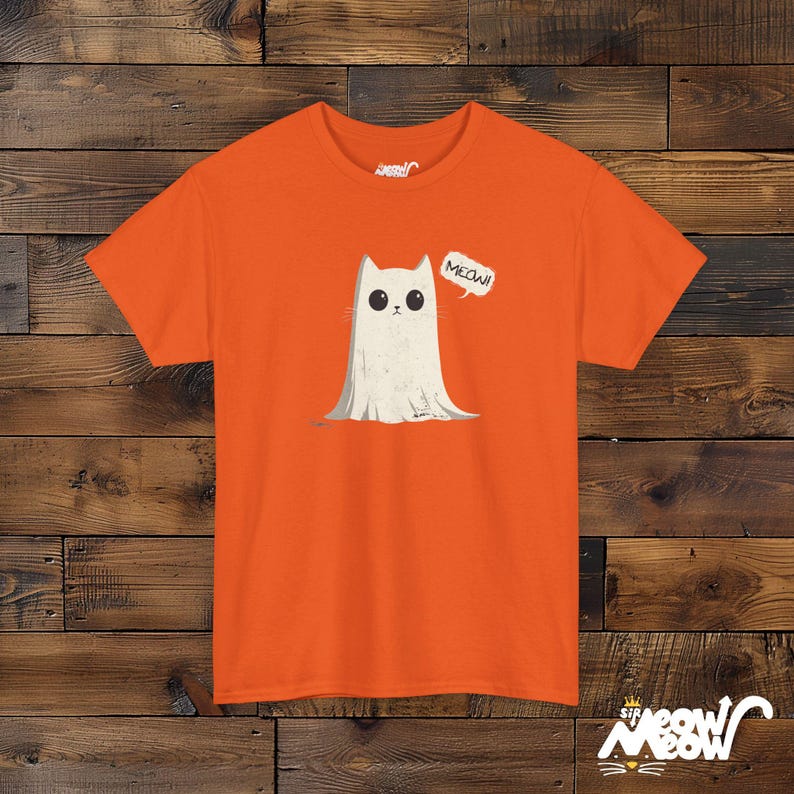 Ghost Cat T-Shirt: Meow-loween Unisex Tee Orange