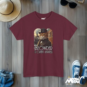 Meowder on the Orient Express Cat T-Shirt: Funny Detective Design Maroon