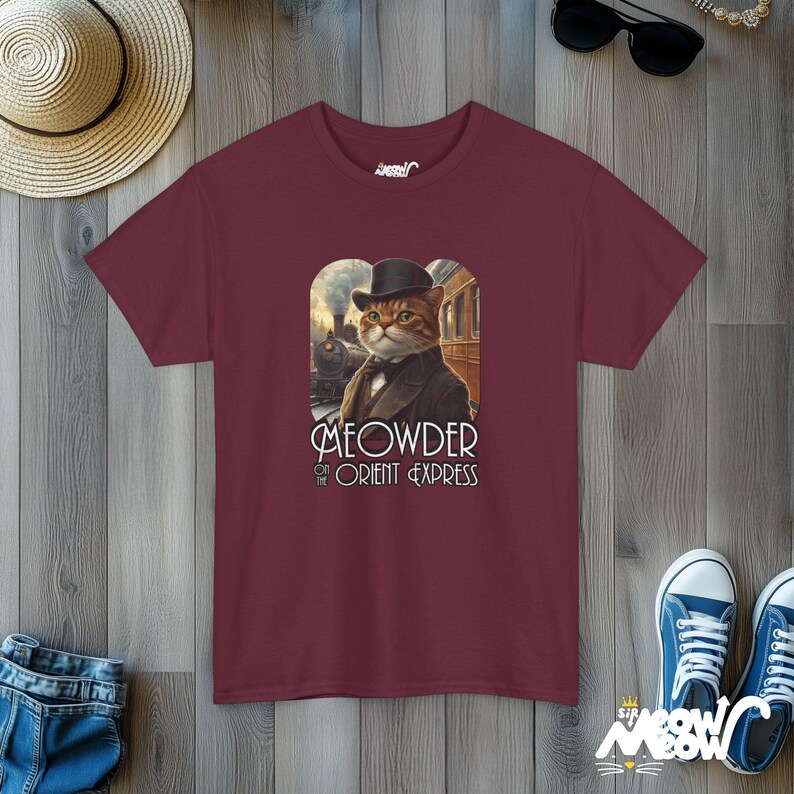 Meowder on the Orient Express Cat T-Shirt: Funny Detective Design Maroon