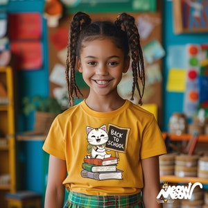 May include: A young girl wearing a yellow t-shirt with a cartoon cat carrying books and a chalkboard that says "Back to School".