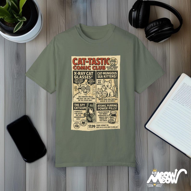 Funny Cat Comic Shirt: Vintage "Cat-Tastic Comic Club" Tee Moss