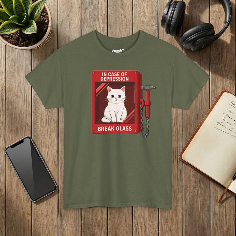 In Case Of Depression Cat Shirt, Break Glass Cat T-Shirt, Funny Cat Lover Tee, Mental Health Humor Shirt, Cute White Cat Gift image 5