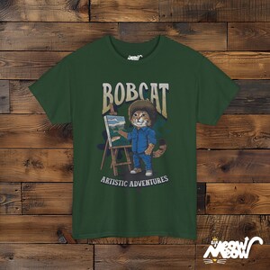 Funny Bobcat Artist T-Shirt: Cat Lover Painting Gift Forest Green