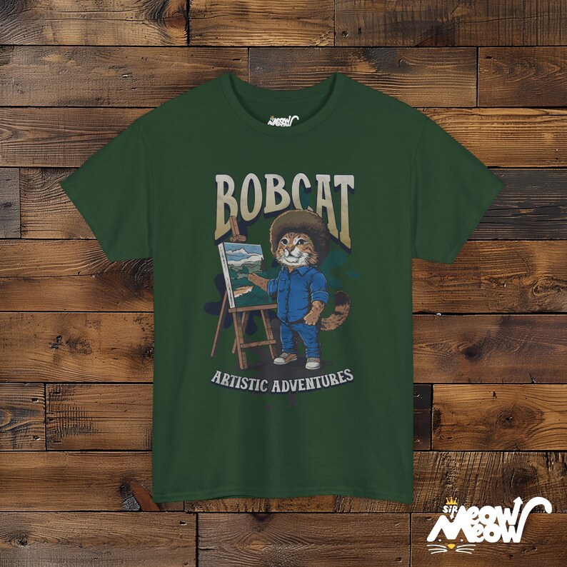 Funny Bobcat Artist T-Shirt: Cat Lover Painting Gift Forest Green