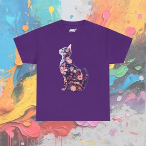 Floral Cat Silhouette T-Shirt: Feminine Cottagecore Graphic Tee Purple