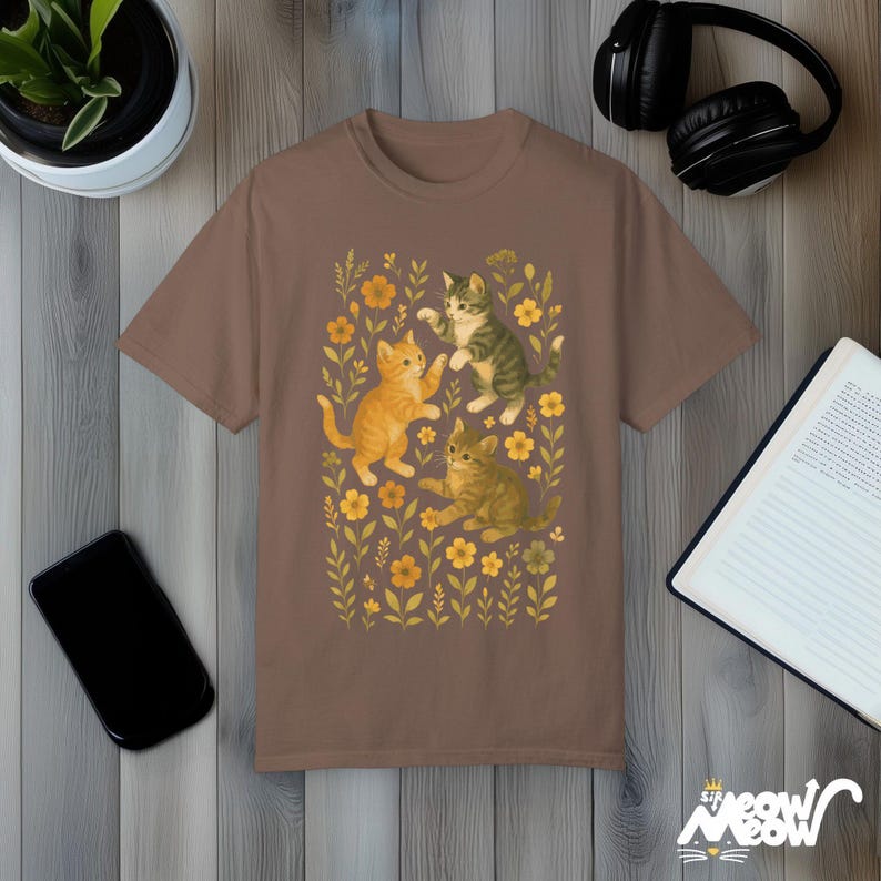 Comfort Colors Kitten T-Shirt: Vintage Floral Cat Tee, Cottagecore Gift Espresso
