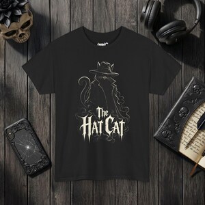 The Hat Cat Gothic T-Shirt, Spooky Halloween Cat Lover Tee Black