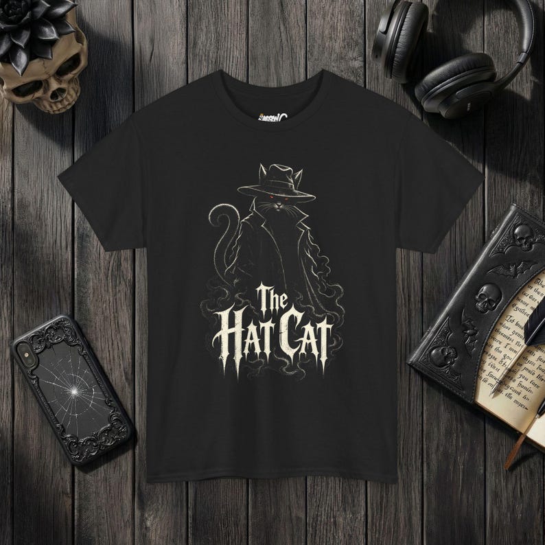 The Hat Cat Gothic T-Shirt, Spooky Halloween Cat Lover Tee Black