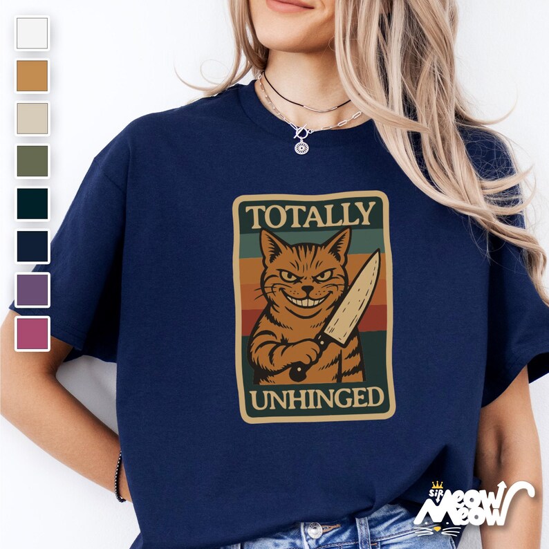 Unhinged Cat Knife T-Shirt: Funny Psycho Cat, Retro Style image 1