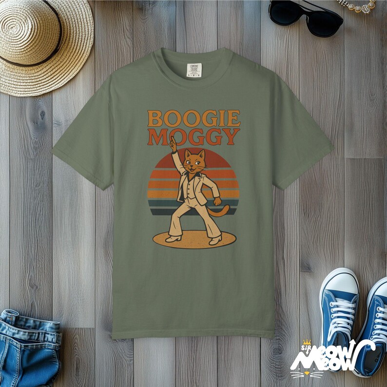 Boogie Moggy Disco Cat T-Shirt: Retro 70s Comfort Colors Tee Moss