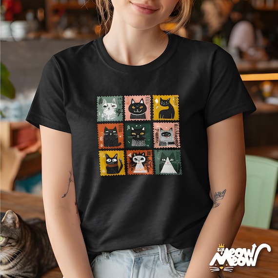 Retro Stamp Cat Grid T-Shirt: Kawaii Nine Cats Graphic