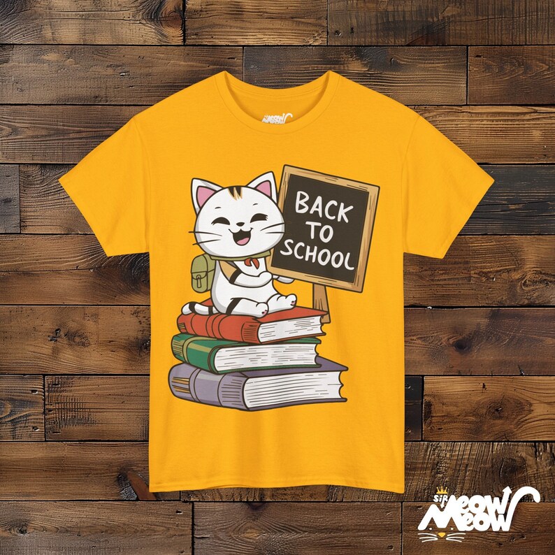 Back to School Cat Tee, Teacher Student Gift Gold