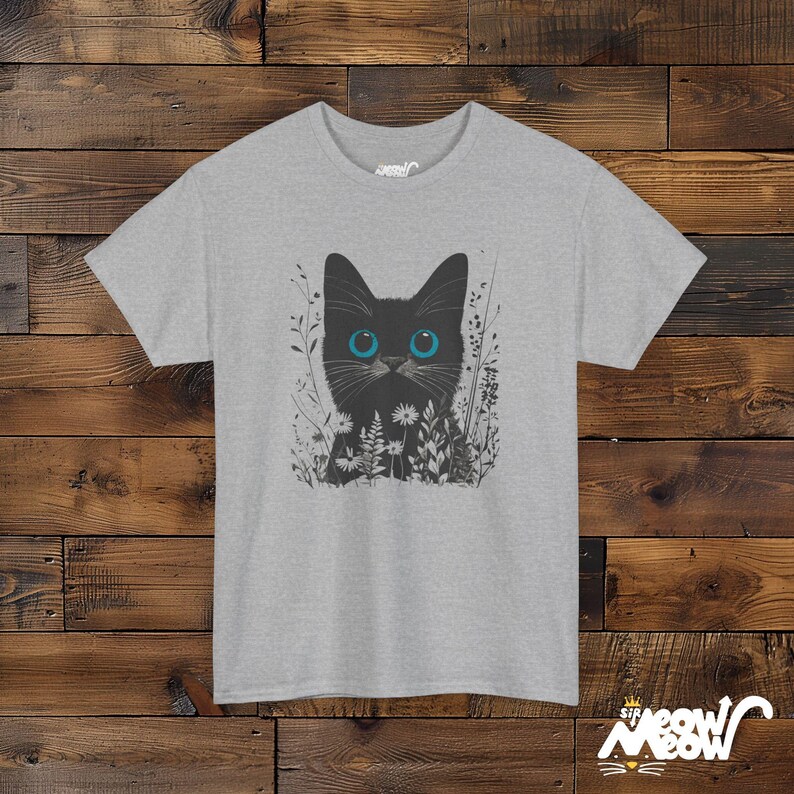 Mystical Black Cat T-Shirt - Enchanting Wildflower Cat Tee - Witchy Nature Lover Gift Sport Grey