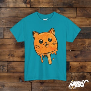 Funny Melting Cat Popsicle T-Shirt, Summer Graphic Tee Tropical Blue