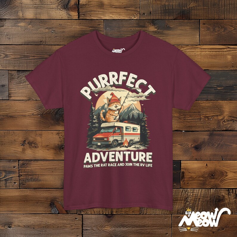 RV Cat T-Shirt: Purrfect Adventure Graphic Tee for Camping Lovers Maroon