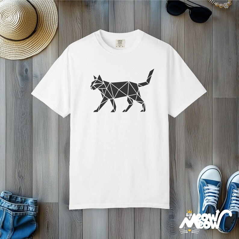 Geometric Cat T-Shirt: Comfort Colors Minimalist Feline Tee White