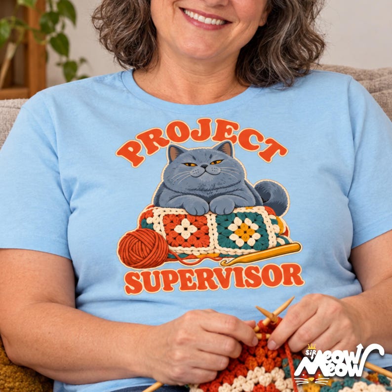 Project Supervisor Cat T-Shirt, Funny Crochet Shirt, Gift for Cat Lovers image 1