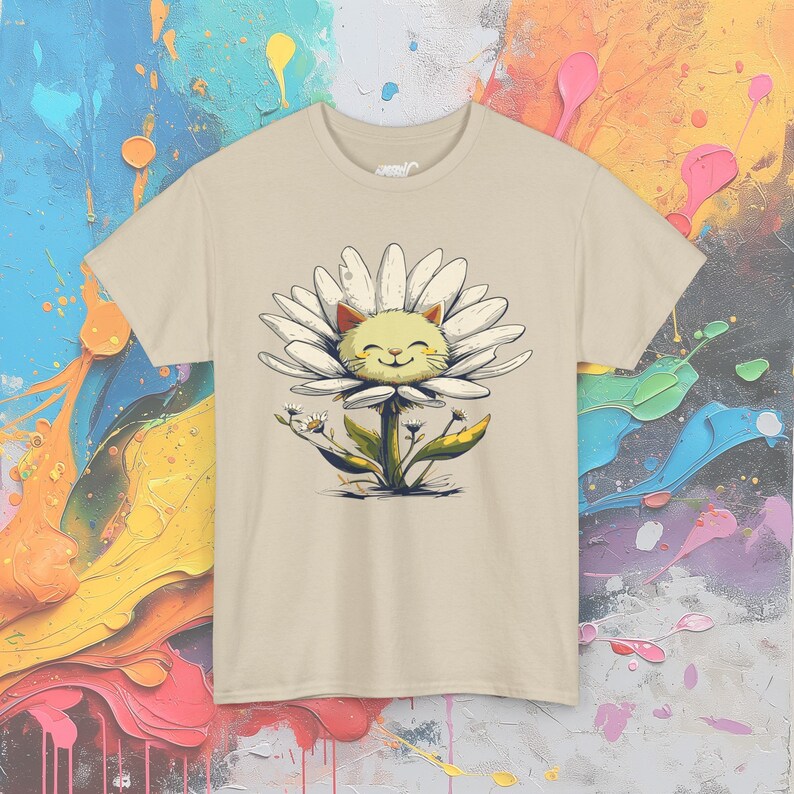 サンシャインデイジーキャットTシャツ：ハッピーネコフラワーTシャツ Sand