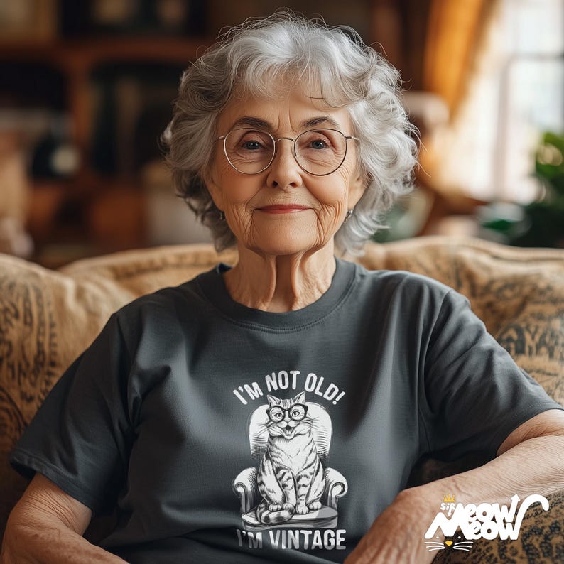 May include: A gray t-shirt with a graphic of a cat wearing glasses and sitting in a chair. The text on the shirt reads "I'm not old! I'm vintage."