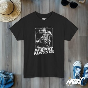 Camiseta engraçada de gato cowboy: Meowdy Pawtner Western Tee Black