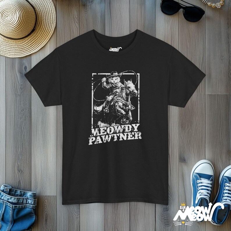 Camiseta engraçada de gato cowboy: Meowdy Pawtner Western Tee Black
