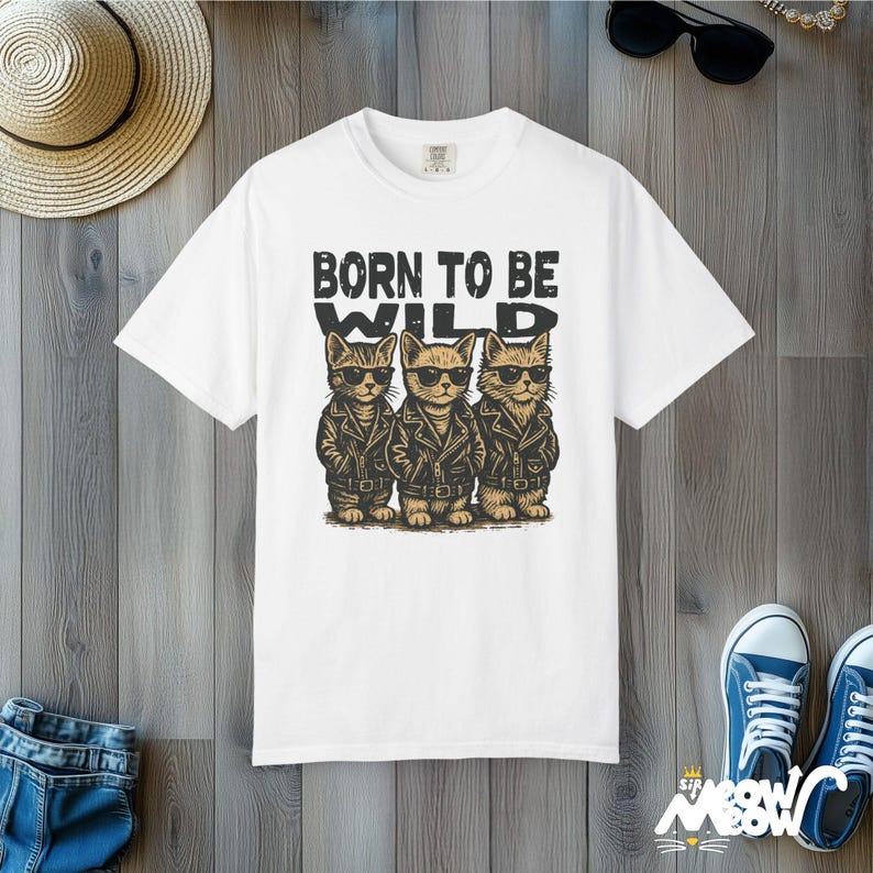 Camiseta retro de gatos moteros: camiseta gráfica "Born to Be Wild" White