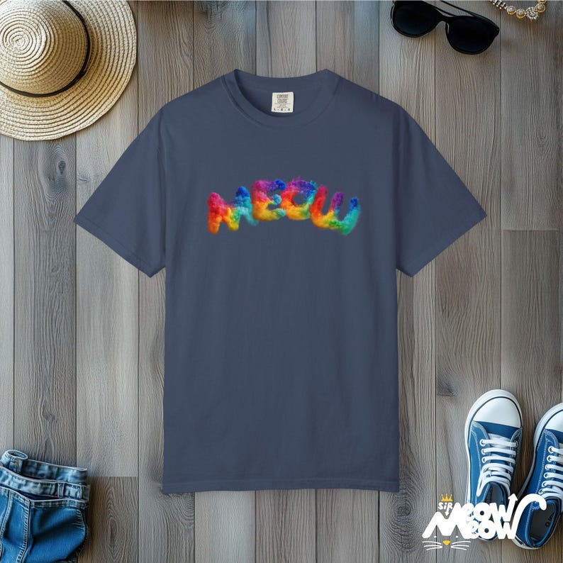Regenbogen Meow Katzen-T-Shirt: Komfort Farben Stolz T-Shirt Midnight