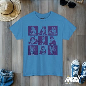 Retro Cat Grid T-Shirt: Vintage Style Graphic Tee Heather Sapphire