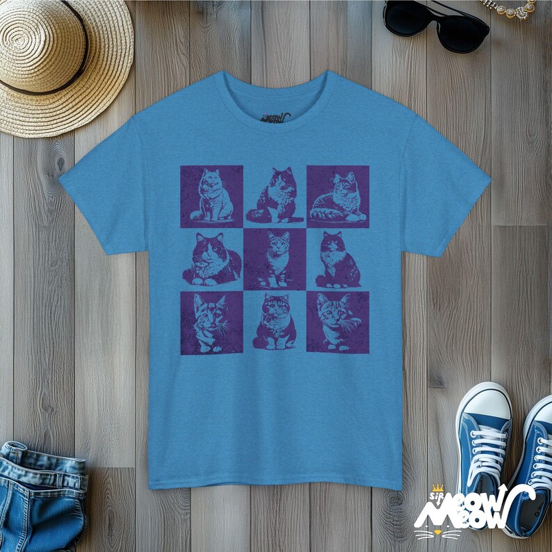 Retro Cat Grid T-Shirt: Vintage Style Graphic Tee Heather Sapphire