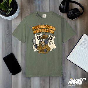 Purranormal Investigator T-Shirt: Funny Cat Ghost Hunter Comfort Colors Tee Moss
