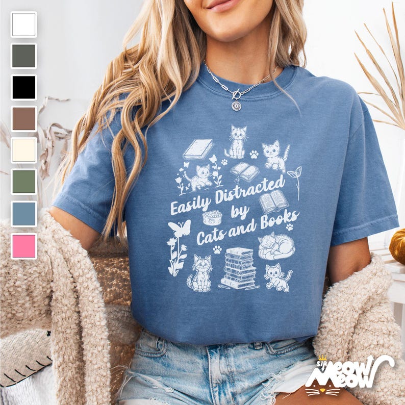 Easily Distracted by Cats and Books T-Shirt: Bookworm Cat Mom Tee image 1