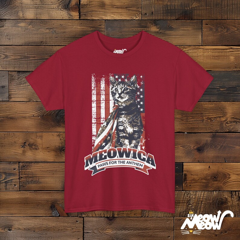 Meowica Cat T-Shirt: Patriotic 4th of July Kitten Tee Cardinal Red