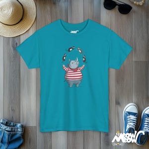 Rhino Juggling Cats T-Shirt | Funny Animal Graphic Tee Tropical Blue