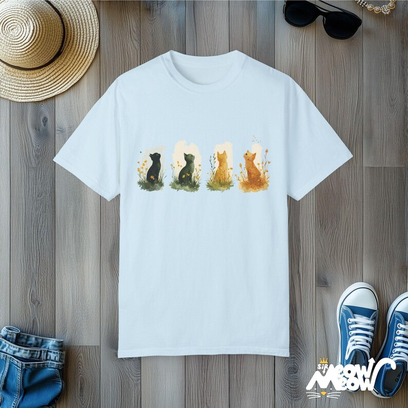 Watercolor Four Seasons Cat T-Shirt - Comfort Colors Unisex Tee Chambray