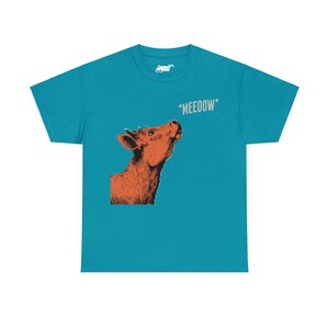 Cow 'Meeow' Parody T-Shirt: Amusing Farm Animal Graphic Tee Tropical Blue