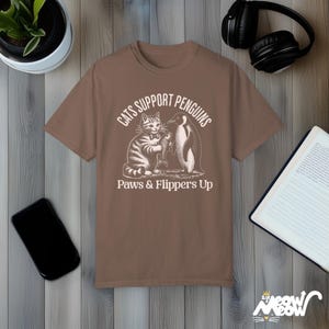 Comfort Colors Cat & Penguin Friendship T-Shirt: Funny Animal Lover Tee Espresso