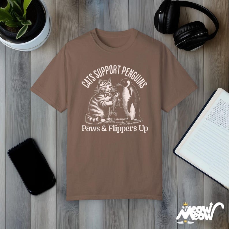 Comfort Colors Cat & Penguin Friendship T-Shirt: Funny Animal Lover Tee Espresso