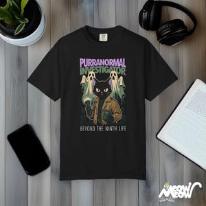 Purranormal Investigator T-Shirt Comfort Colors, Comic-Style Ghost Hunter Cat Tee, Beyond the Ninth Life Black