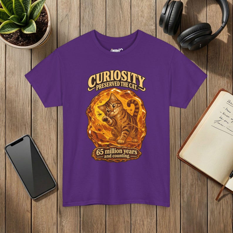 Curiosity Preserved the Cat T-Shirt, Funny Cat in Amber, Science Lover Gift Purple