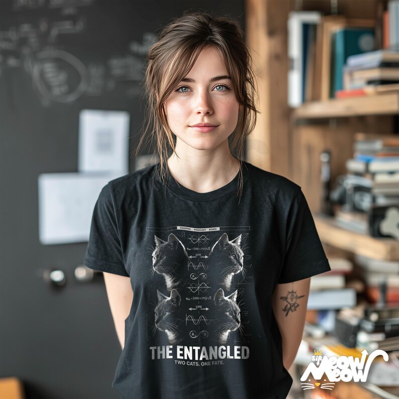 May include: Black t-shirt with a graphic featuring four cat portraits and the text "THE ENTANGLED TWO CATS, ONE FATE." The design includes scientific diagrams. The shirt has a crew neck and short sleeves.