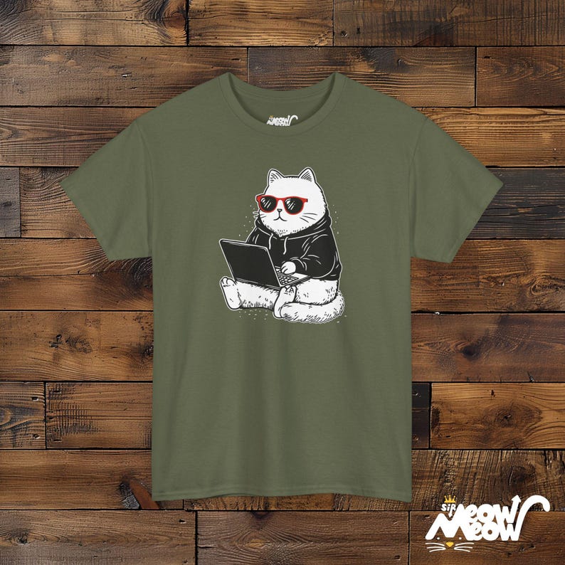 Programmer Cat Unisex T-Shirt: Coding Software Engineer Gift Military Green