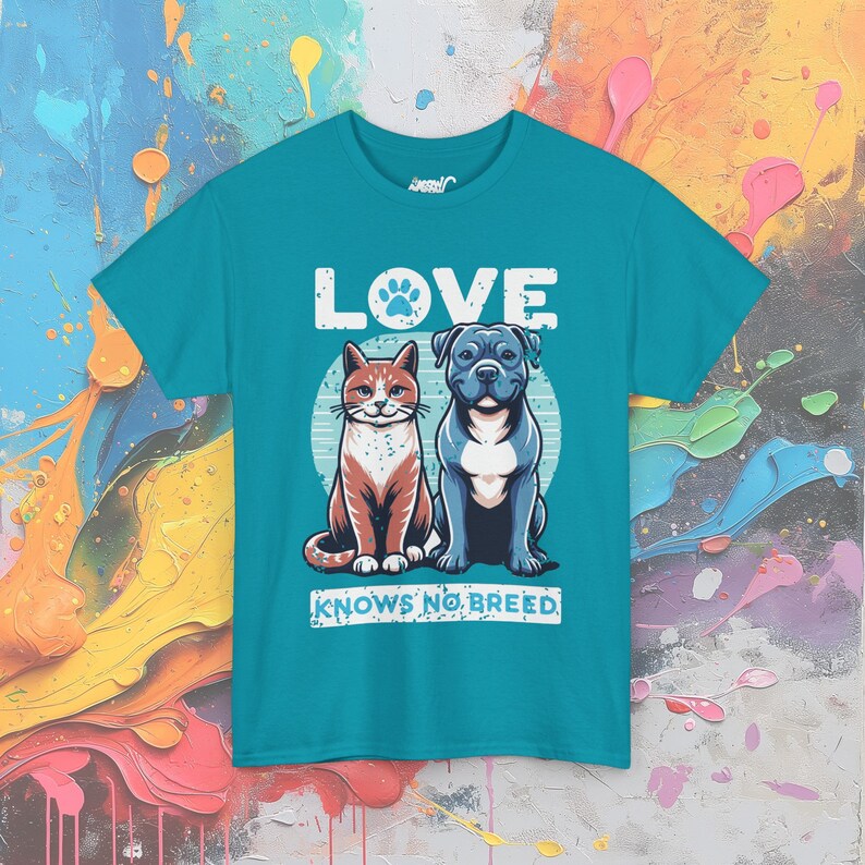 Love Knows No Breed T-Shirt: Cat & Dog Equality Tee Tropical Blue