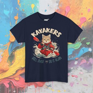 Kayaking Cat T-Shirt: Adventurous Feline Paddler Gift Navy