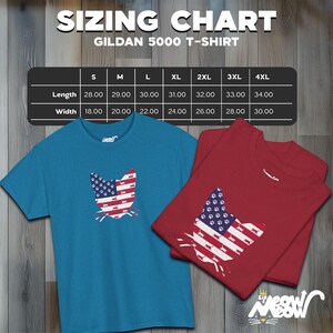 May include: Sizing chart for Gildan 5000 t-shirts. The chart shows the length and width measurements in inches for sizes S through 4XL.
