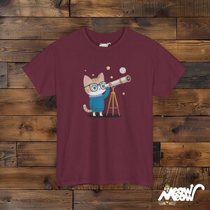 Cat Astronomer T-Shirt – Stargazing Kitty, Science Lover Gift Maroon